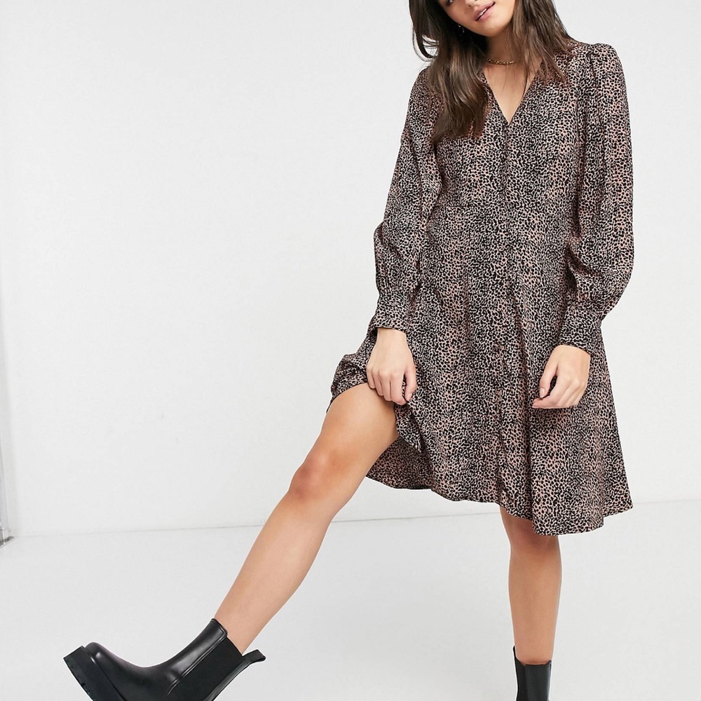 Y.A.S mini skater dress with v neck in brown animal print